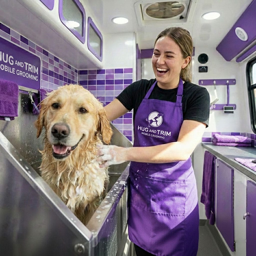 Smiling woman gives a golden retriever a full cleaning in a purple-themed mobile pet grooming van.