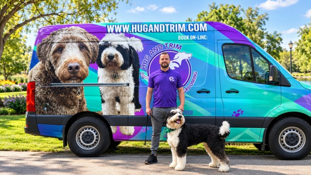 Professional mobile grooming van providing pet grooming services for dog in Marietta driveway